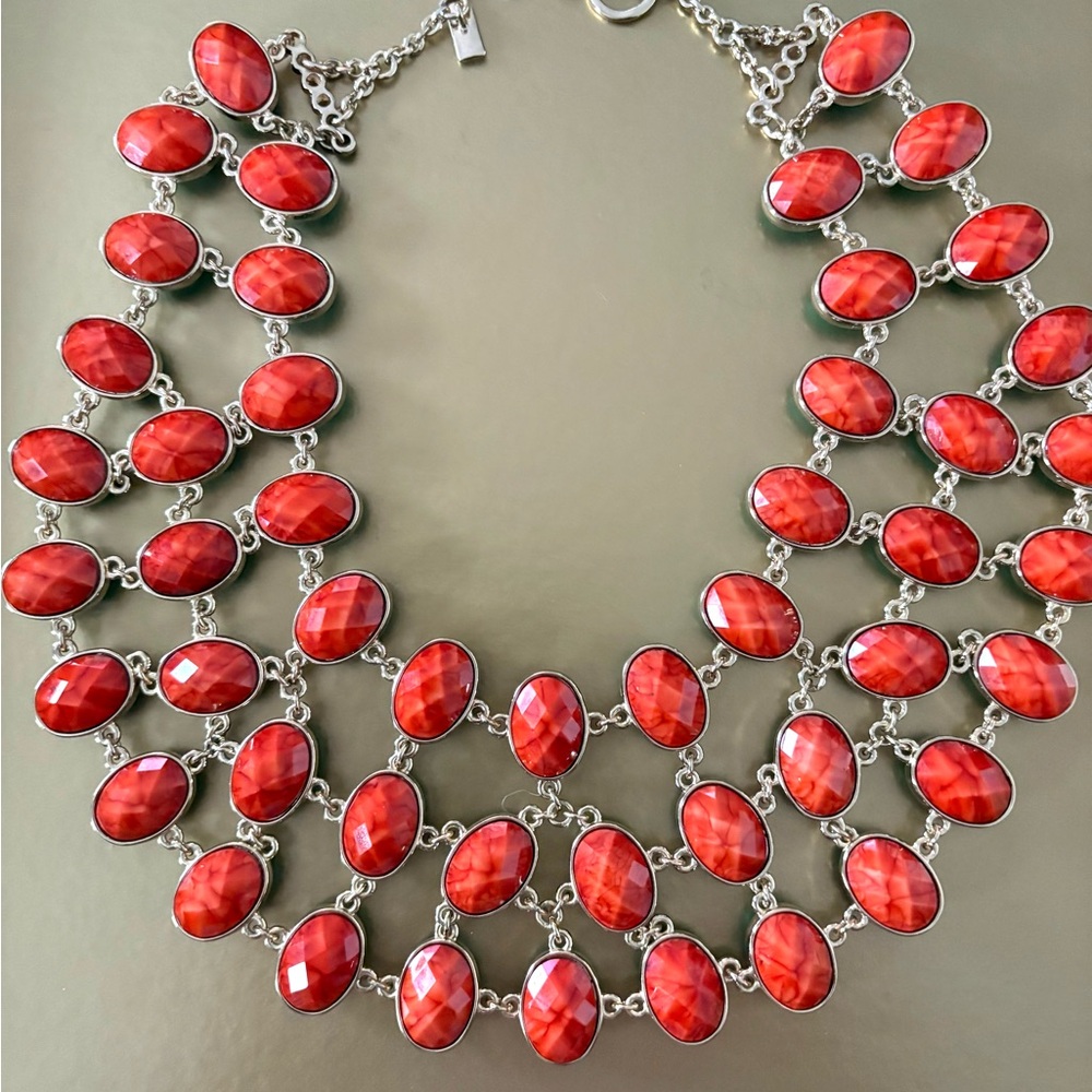 Amrita Singh reversible bib necklace in Teal green and Orange in a gold metal.